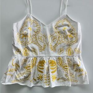 White and Yellow Embroidered Women's Top